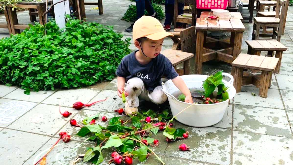 植物あそびをするこども