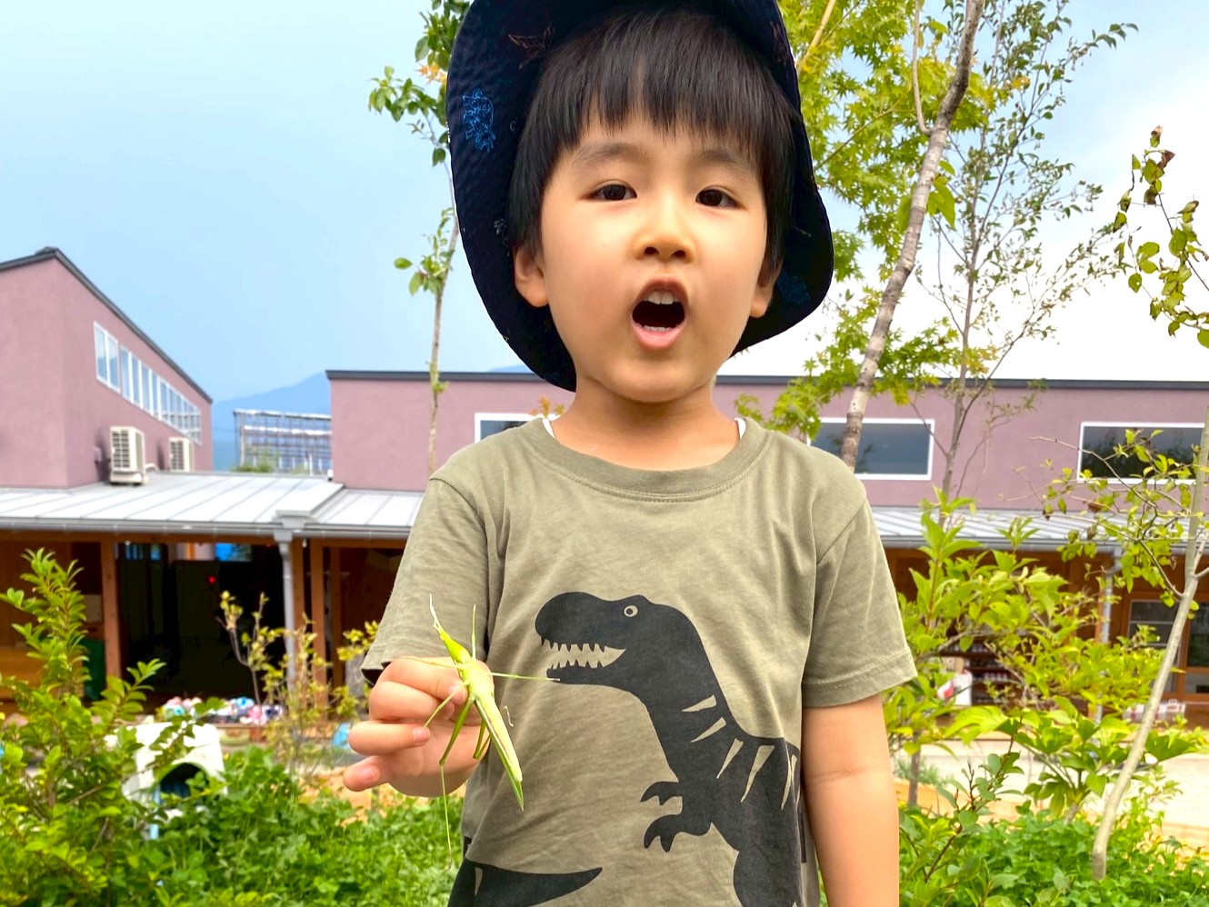 園庭でバッタを見つけたこども